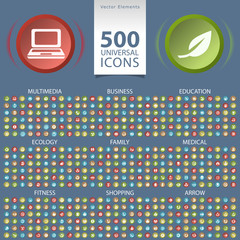 Poster - Set of 500 Universal Flat Icons on Circular Buttons (multimedia, business, ecology, education, family, fitness, medical, arrow, and shopping icons)