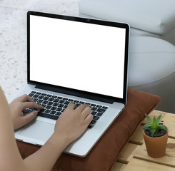 Workspace background new project on laptop computer with blank copy space screen for your advertising text message Laptop with blank screen on table.