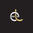 Initial lowercase letter el, linked overlapping circle chain shape logo, silver gold colors on black background
