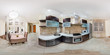 Panorama in interior stylish kitchen in modern flat in pastel color. Full 360 degree seamless panorama in equirectangular equidistant spherical projection