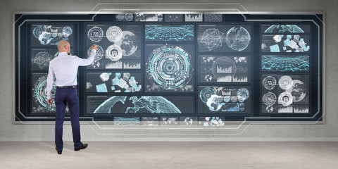 Poster - Businessman using graph screens interface on a board 3D rendering