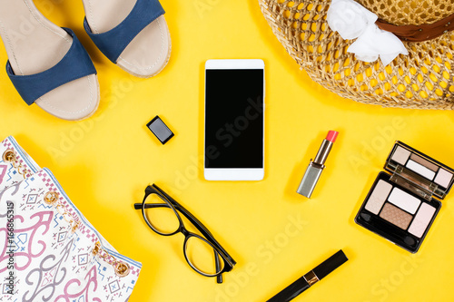 Feminine Clothing And Accessories On Bright Yellow Background Top Feminine Clothing And Accessories On Bright Yellow Background Top View