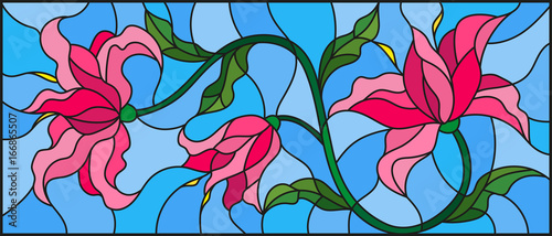 llustration-w-stylu-witrazu-z-kwiatow-lisci-i-pakow-rozowych-lilii-na-ni