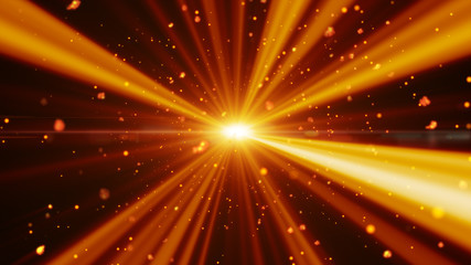 Wall Mural - Flying golden and fire particles in light beams background.