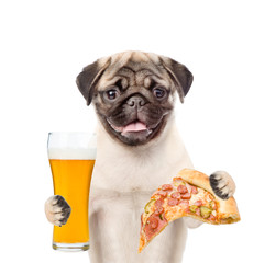 Poster - Dog holding pizza and a glass of beer. isolated on white background