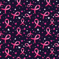 Wall Mural - Pink ribbons and butterflies breast cancer awareness themed seamless pattern