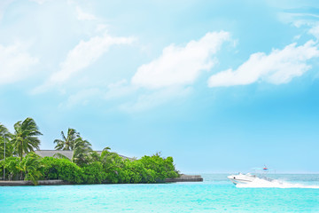 Canvas Print - Beautiful seascape with modern boat and tropical island