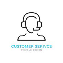 Customer Service Icon. Human Silhouette With Headset, Man With Headphones And Microphone. Technical Support, Call Center, Customer Support Logo. Vector Thin Line Icon