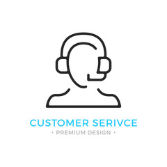 Fototapete - Customer service icon. Human silhouette with headset, man with headphones and microphone. Technical support, call center, customer support logo. Vector thin line icon