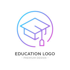 Poster - Education logo. Mortarboard, square academic cap, graduation hat icon. Premium design. Trendy linear style. Abstract concept. Simple round line icon. Modern vector logo
