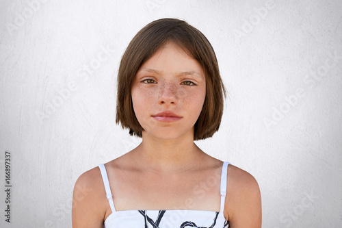 Cute Little Girl With Short Dark Bobbed Hair Brown Wide Shining