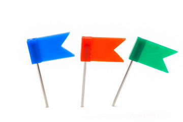 Set of colorful color push pins Thumbtacks isolated on white background.