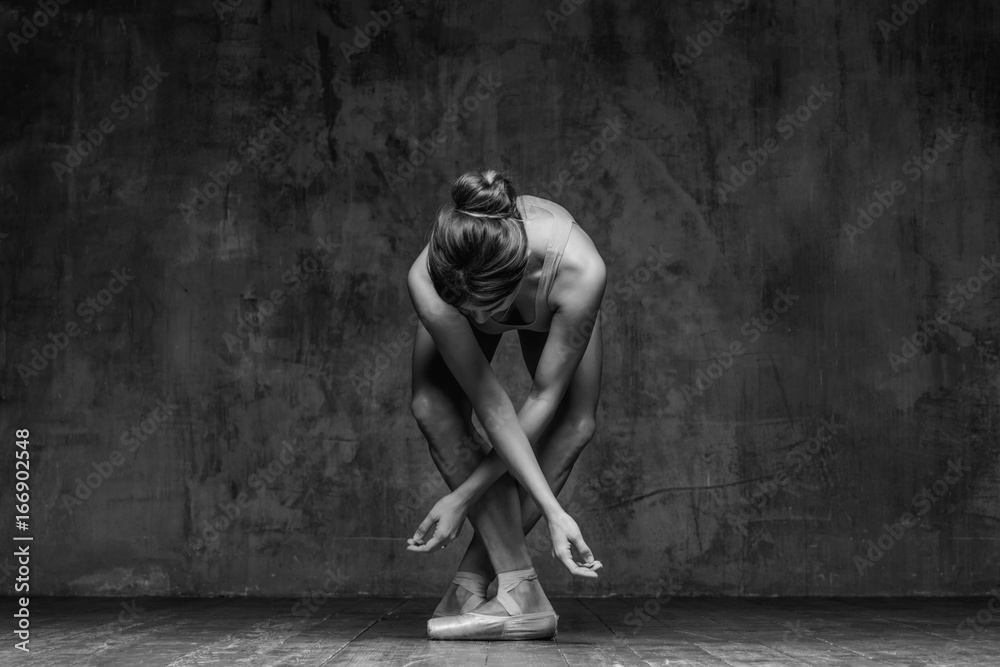 Young beautiful dancer is posing in studio - obrazy, fototapety, plakaty 