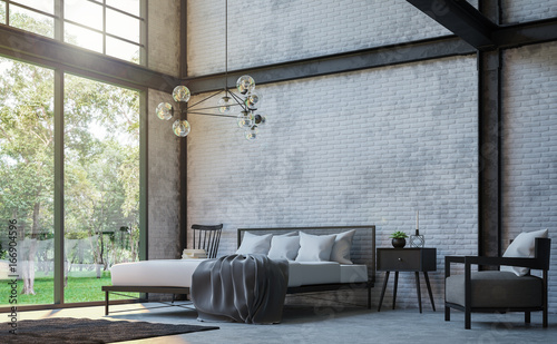 Loft Style Bedroom 3d Rendering Image There Are White Brick