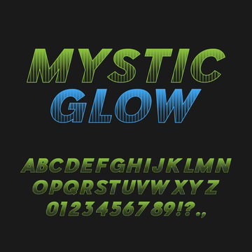 Mystic Glow. Bold Italic Font. Sans Serif Typeface. Letters, Numbers, Punctuation Marks. Latin Alphabet. Vector.