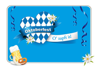 Wall Mural - Oktoberfest Karte mit Herz, Bier, Wurst, Brezel und Edelweiß,
Grüße zum Oktoberfest, Herz aus Bayrische Fahne,
Vektor Illustration isoliert auf weißem Hintergrund 