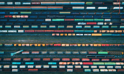 Wall Mural - Cargo trains close-up. Aerial view of colorful freight trains on the railway station. Wagons with goods on railroad. Heavy industry. Industrial conceptual scene with trains. Top view from flying drone