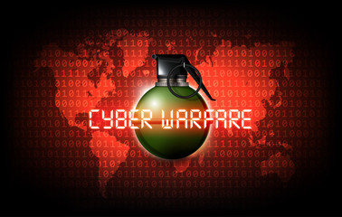 Hand grenade on the binary code world map with cyber warfare attack, vector illustration
