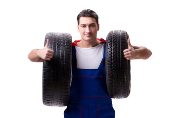 Superhero man with tyre isolated white background