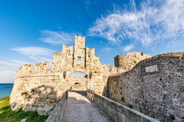 Canvas Print - St Paul's Gate at Rhodes old town and bridge leading to it, Rhodes island, Greece