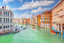 Views Of The Most Beautiful Canal Of Venice - Grand Canal Water Streets, Boats, Gondolas, Mansions Along. Italy.