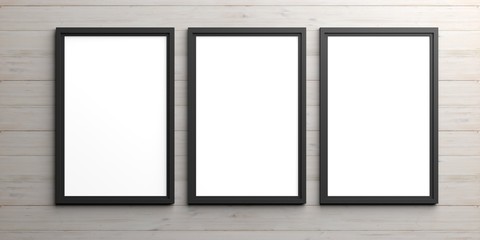 Black frames on wooden background. 3d illustration