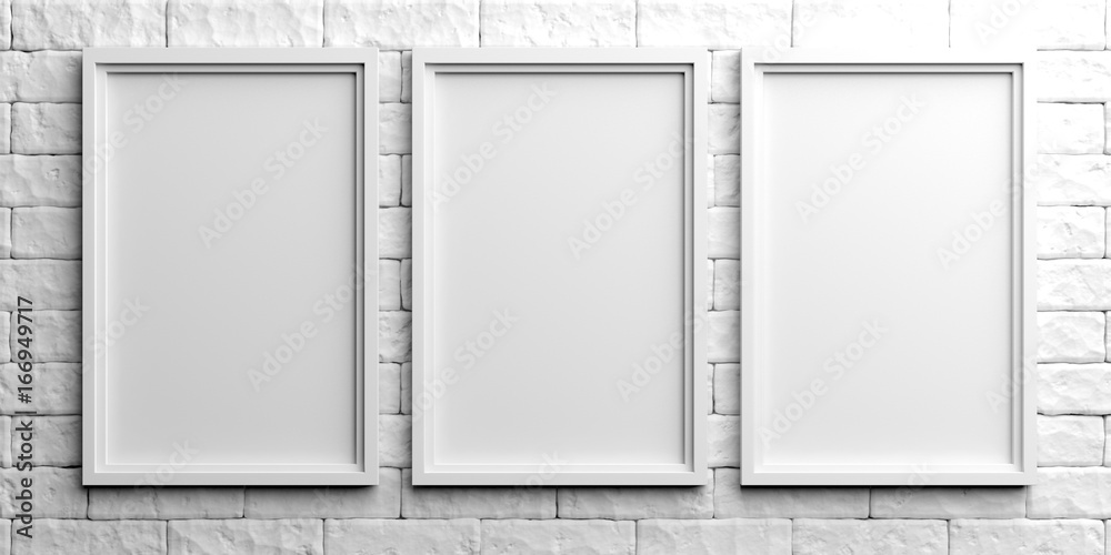 White frames on white brick background. 3d illustration - obrazy, fototapety, plakaty 