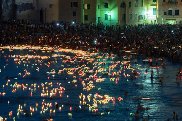 CAMOGLI, ITALY - AUGUST 6 2017 - Stella Maris traditional candles on the sea celebration