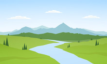 Vector Illustration: Summer Mountains Landscape With River On Foreground.