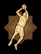 Basketball player jumping and prepare shooting a ball designed on luxury square background graphic vector