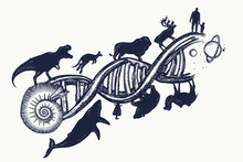 Evolution Tattoo. DNA Concept. Evolution Scale From Unicellular Organism To Mammals. Symbol Of Science, Education, Medical Technologies. People And Animals On DNA Chains, Surreal T-shirt Design