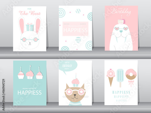 Set Of Birthday Invitations Cards Poster Greeting Template Cat Cake Set Of Birthday Invitations Cards Poster Greeting Template Cat Cake Rabbit Vector Ilrations