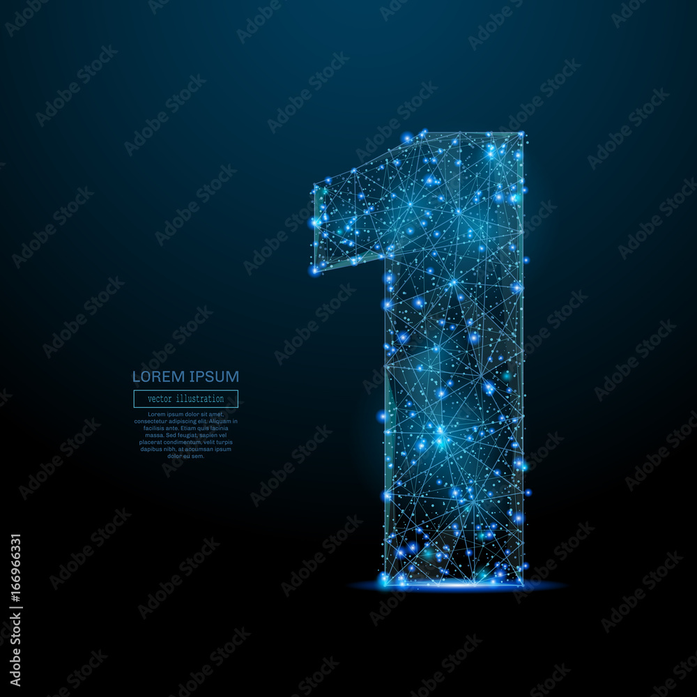 Abstract image of a number one in the form of a starry sky or space, consisting of points, lines, and shapes in the form of planets, stars and the universe. Vector digit 1 wireframe concept. - obrazy, fototapety, plakaty 