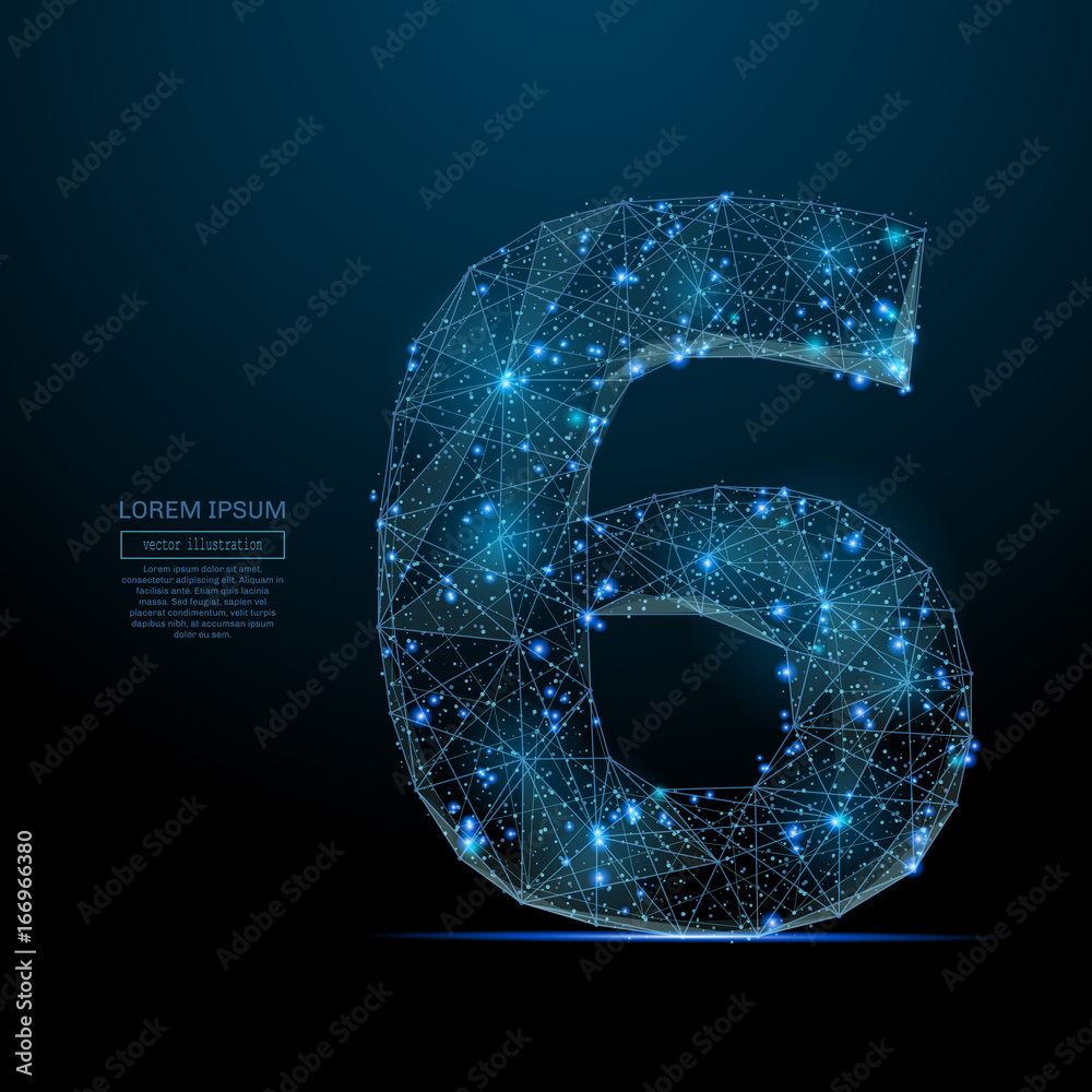 Abstract image of a number six in the form of a starry sky or space, consisting of points, lines, and shapes in the form of planets, stars and the universe. Vector digit 6 wireframe concept. - obrazy, fototapety, plakaty 