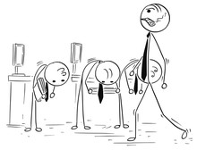 Cartoon Illustration Of Boss Manager Walking, His Subordinates Clerks Bow Down