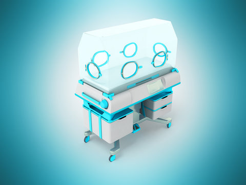 Incubator for newborns light blue 3d rendering on blue background