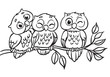 Three owls are sitting on a branch. Outlined for coloring book.