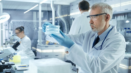 Wall Mural - Senior Medical Research Scientist Takes Out Petri Dish with Samples from Opened Refrigerator Box. He Works in a Busy Modern Laboratory Center.