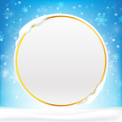 Poster - blank circle frame with copy space and winter snow flake falling into snow floor and lighting over b