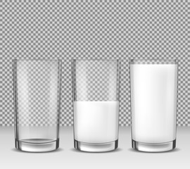 Canvas Print - Set of vector realistic illustrations, isolated icons, glass glasses empty, half full and full of milk, dairy product, yogurt, kefir, protein cocktail. Print, template, design element