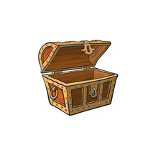 vector opened empty wooden treasure chest. Isolated illustration on a white background. Flat cartoon symbol of adventure, pirates, risk profit and wealth.
