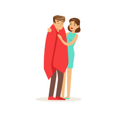 Canvas Print - Woman helping a man wrapped in red a blanket, first aid vector Illustration