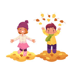 Wall Mural - vector girl, boy children wearing autumn clothing, rubber boots rejoice, playing with autumn leaves. cartoon isolated illustration on a white background. Autumn activity kids concept