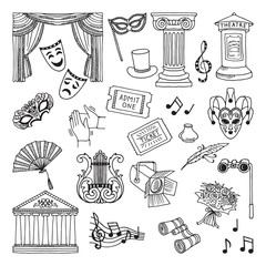 Poster - Doodle illustration set of theatre symbols. Lira, binoculars, masks. Opera vector icons