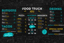 Junk Food Festival Menu Template, Street Restaurant Brochure Cover. Modern Truck Flyer With Hand-drawn Lettering And Items. Vector Menu Board.