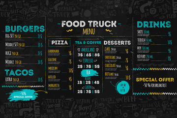 junk food festival menu template, street restaurant brochure cover. modern truck flyer with hand-dra