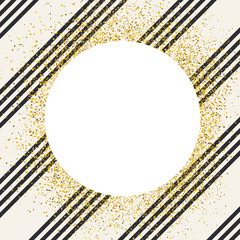 Aufkleber - Invitation card design template. Diagonal black lines pattern and white circle shaped copyspace with golden chaotic dots.