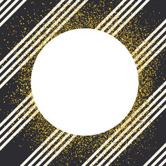 Aufkleber - Invitation card design template. Diagonall white lines seamless pattern and white circle shaped copyspace with golden chaotic dots.