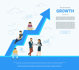 Wall Mural - Business graph growth concept vector illustration of professional people working together as team and sitting on arrow. Flat people working with laptop to develop business. White business poster