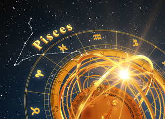 Wall Mural - zodiac sign pisces and armillary sphere on blue background